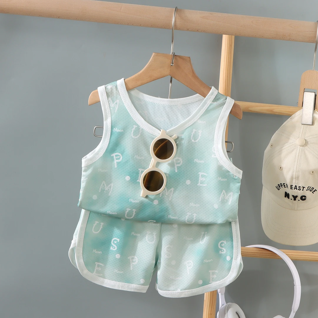 高档 儿童夏季薄款无袖背心套装男女婴幼儿透气速干洋气家居服