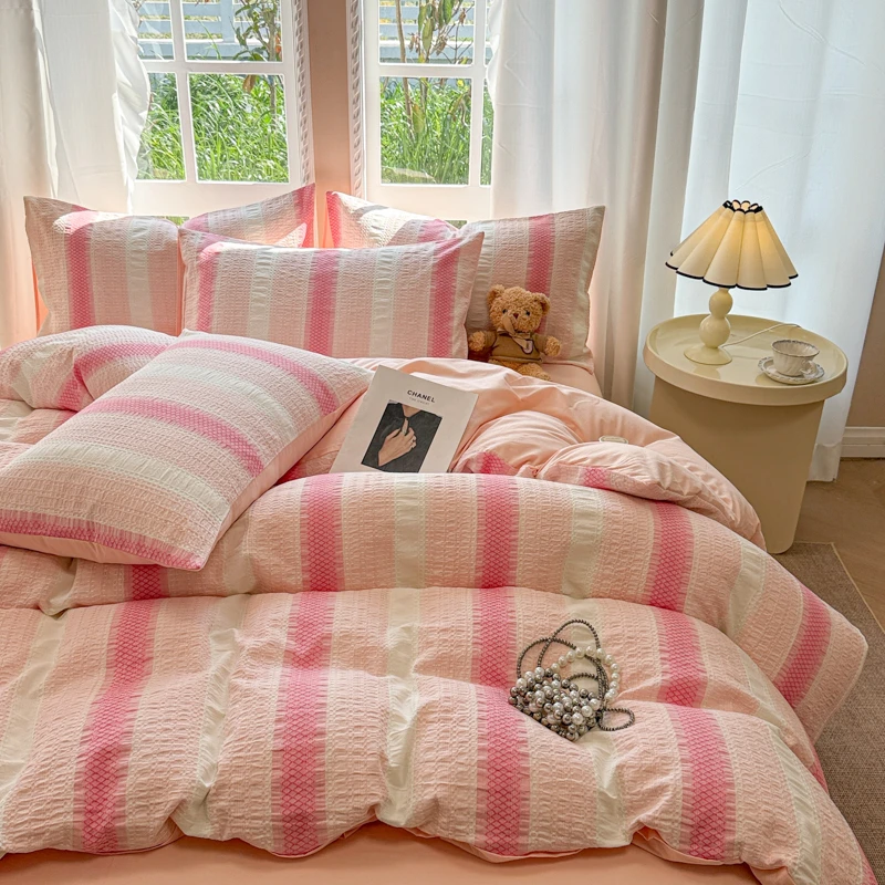 全棉高端色织提花华夫格A类渐变色简约轻奢纯棉四件套床上用品