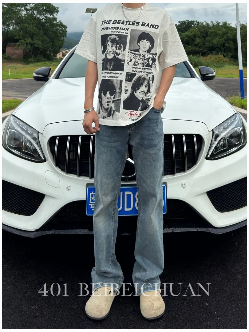 BBC【复古蓝牛仔裤】弹力做旧水洗中腰复古长裤春夏直筒百搭牛仔裤