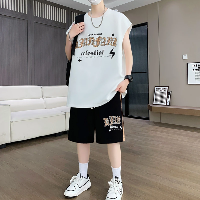 夏季新款青少年休闲运动套装帅气宽松背心夏天无袖薄款两件套