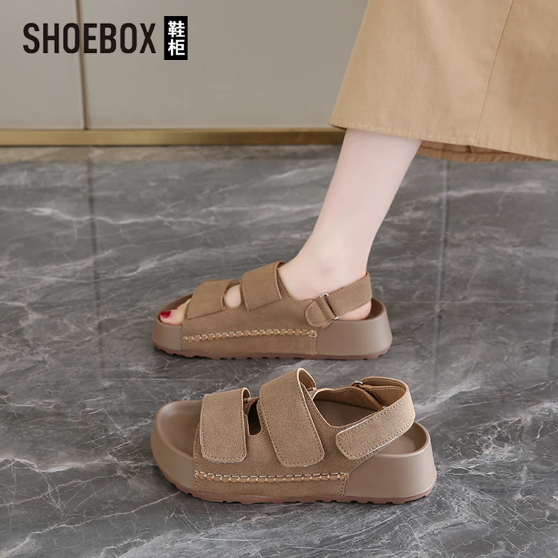 SHOEBOX鞋柜魔术贴厚底勃肯凉鞋女夏外穿2025新款时尚超火沙滩鞋