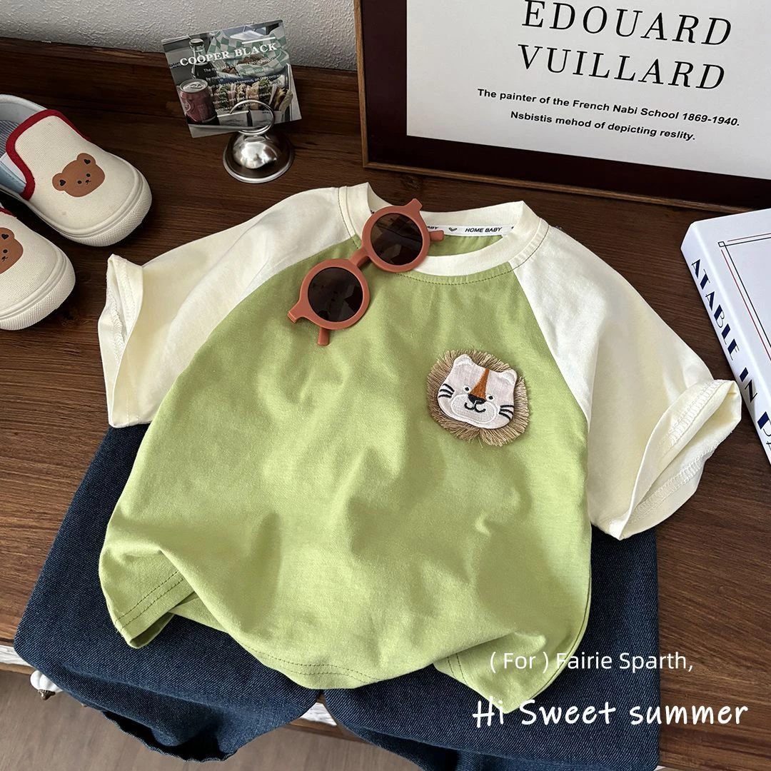 T恤上衣宝宝男宽松圆领夏季百搭短袖运动拼接帅气女童印花