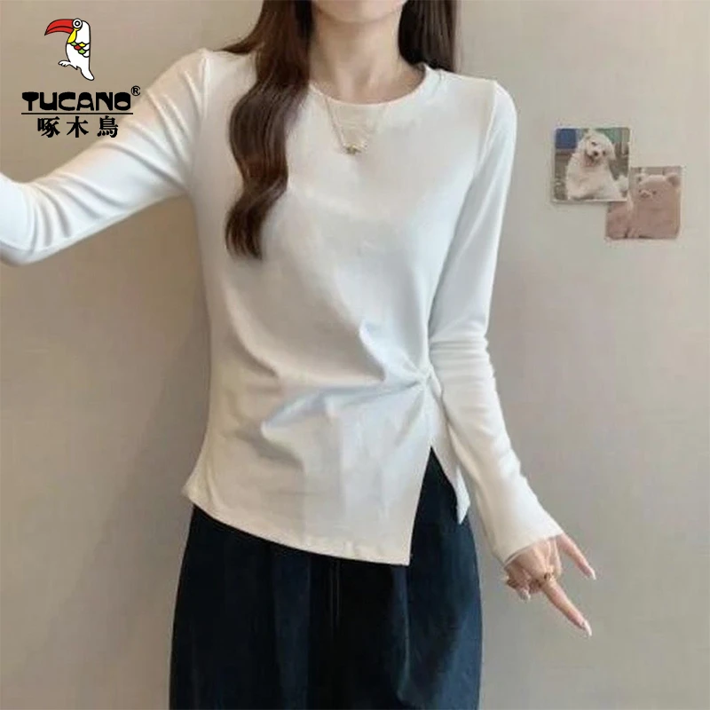 啄木鸟2025秋季新款不规则长袖打底显瘦百搭体恤圆领气质百搭上衣