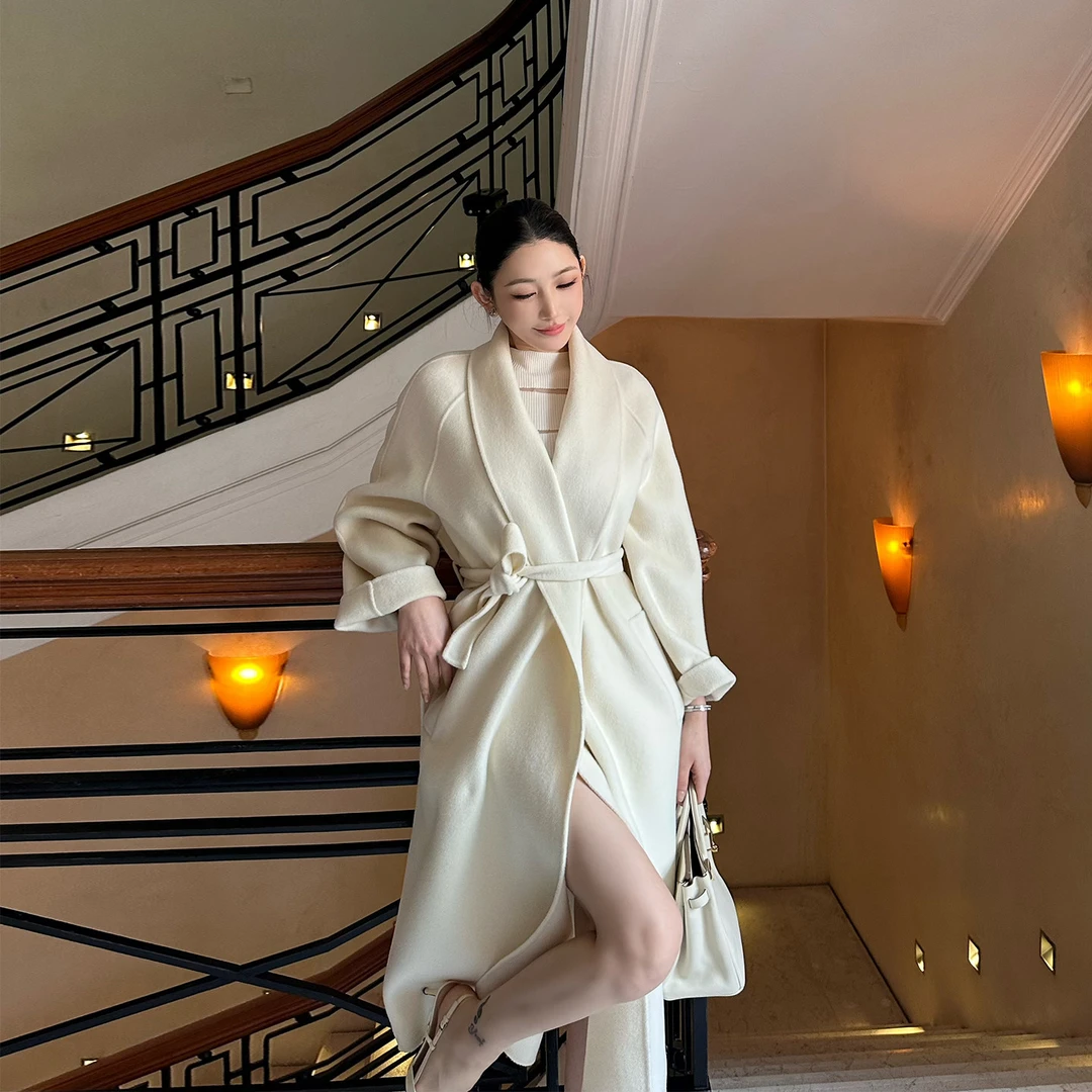 SX善喜全羊毛双面呢大衣女高级感气质经典款慵懒中长款浴袍式外套