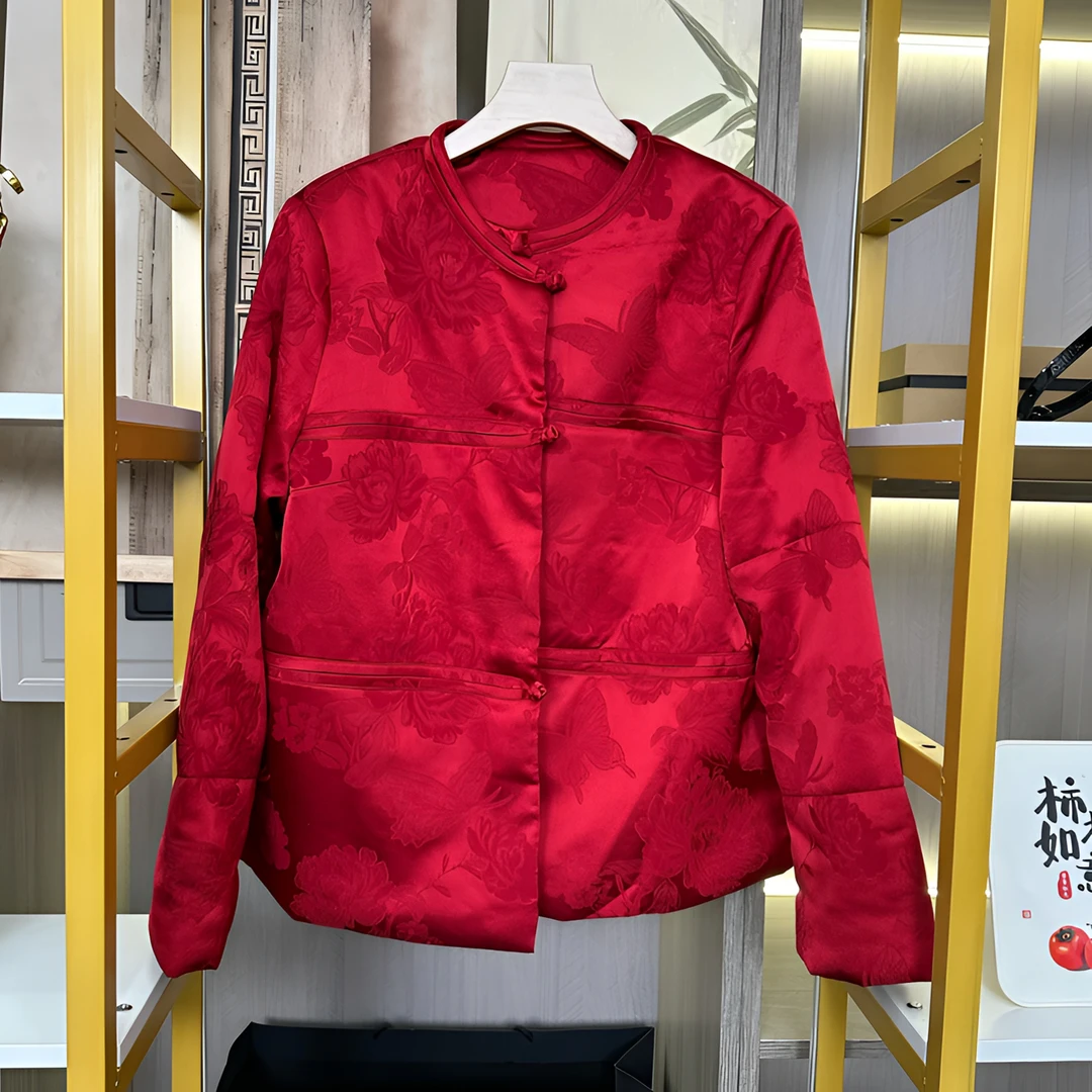 新中式国潮提花长袖上衣棉服国风冬季单排扣圆领棉衣短款外套女装