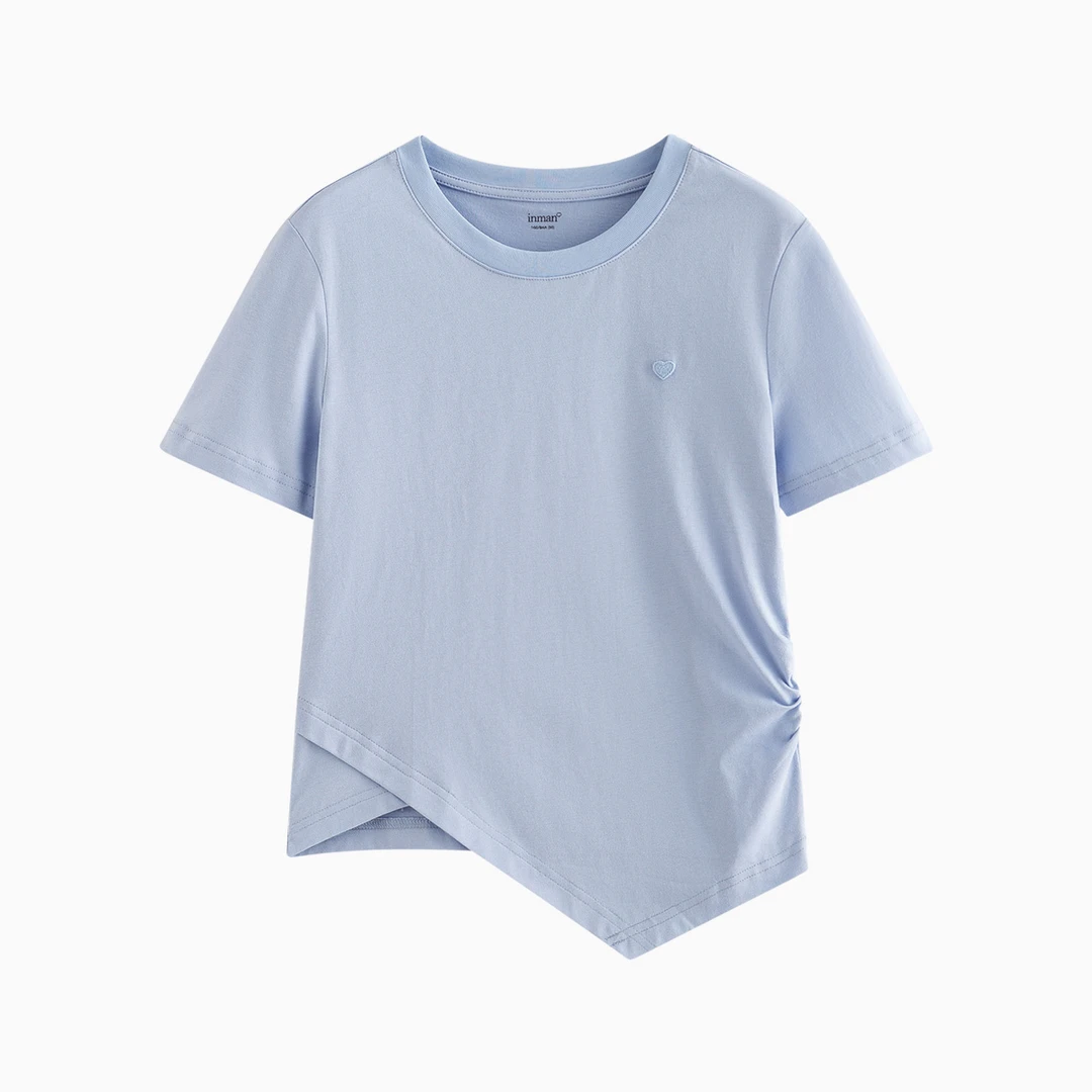 纯棉抽褶收腰不规则T恤女2025夏季时尚百搭简约休闲短袖上衣