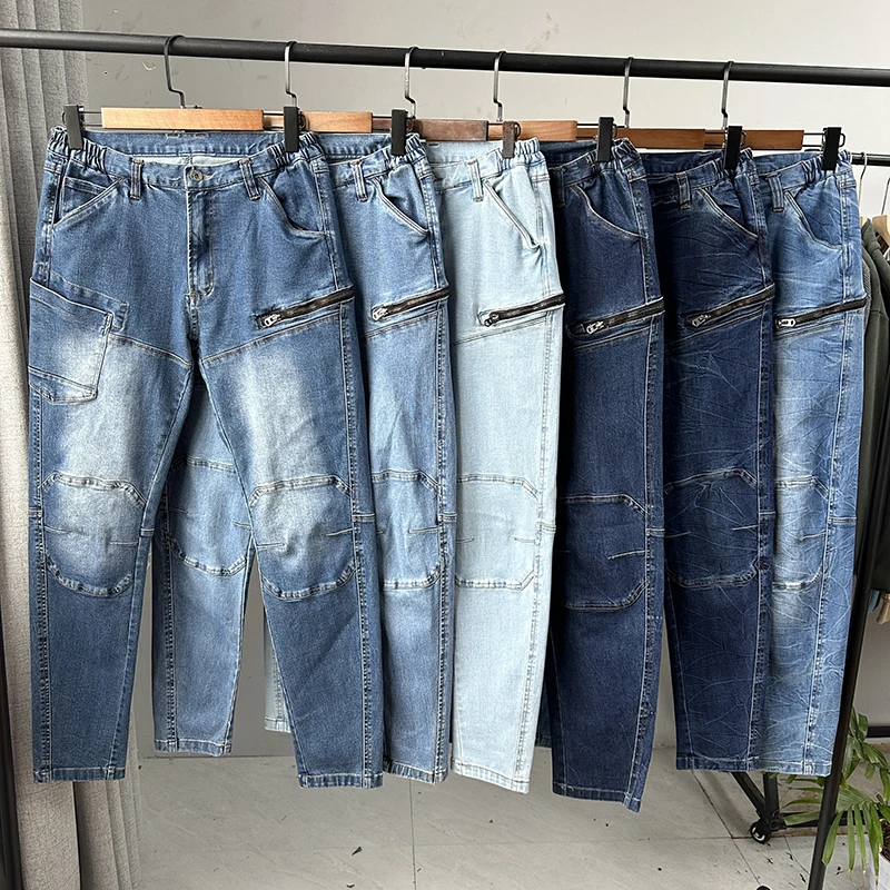 重磅水洗！机车牛仔裤男士春季薄款弹力重工做旧磨白多口袋小脚裤