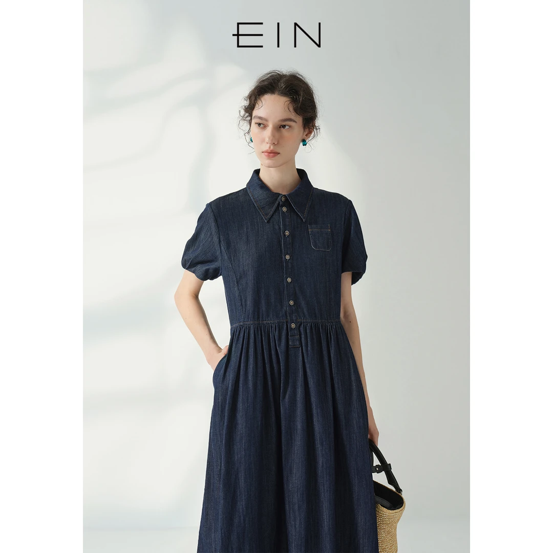 EIN/言【轻行牛仔】文艺撞色明线泡泡袖气质丹宁连衣裙25夏季款