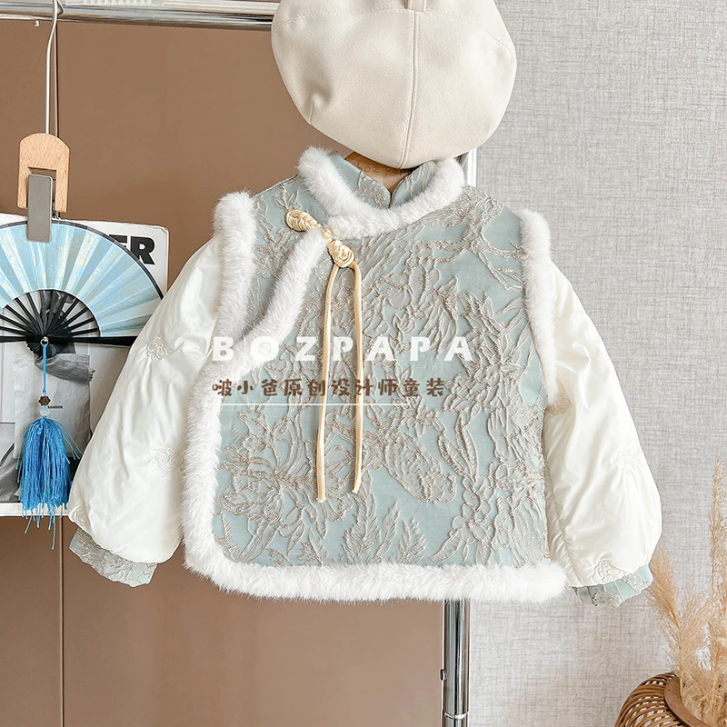 现货啵小爸【融雪】2024春秋冬季男童新中式刺绣加绒加厚国风两件套