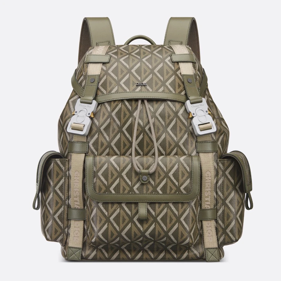 99新 DIOR/迪奥 0874中号卡其绿三角印花双扣翻盖男士双肩包背包
