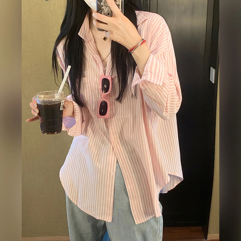 粉色条纹衬衫外套女春秋出行宽松蓝色衬衣开衫外穿小众上衣夏季