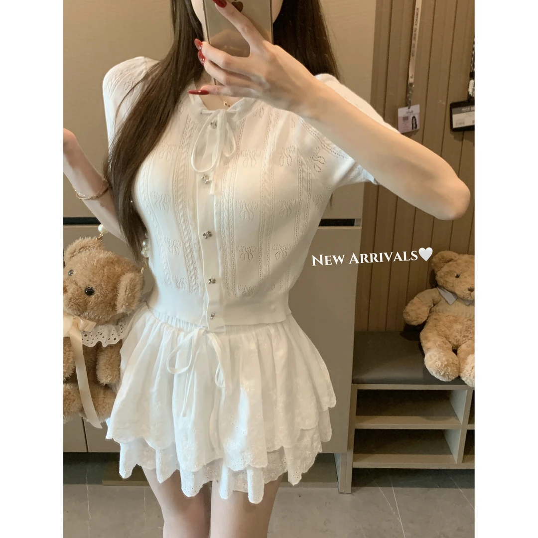 实拍实价 珍珠奶白圆领泡泡袖针织衫女夏季高级感气质休闲套装女