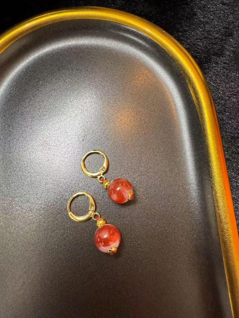 【灰姑娘原创】猫三牛血红天珠耳饰M1159