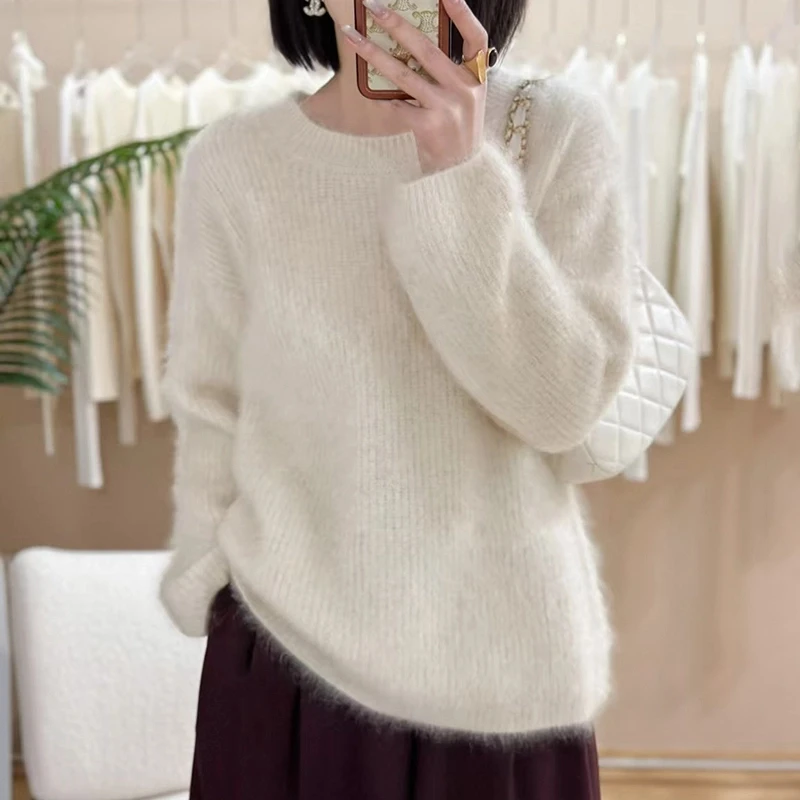 100%羊绒宽松衫套头纯色元宝针打底衫长袖针织秋冬上衣拉绒款毛衣