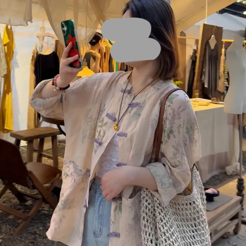 夏季超好看独特漂亮洋气小衫新中式国风上衣印花衬衫女宽松慵懒风