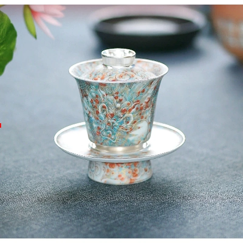 何赋森彩金龙纹三才盖碗DC-535 中式茶具茶器