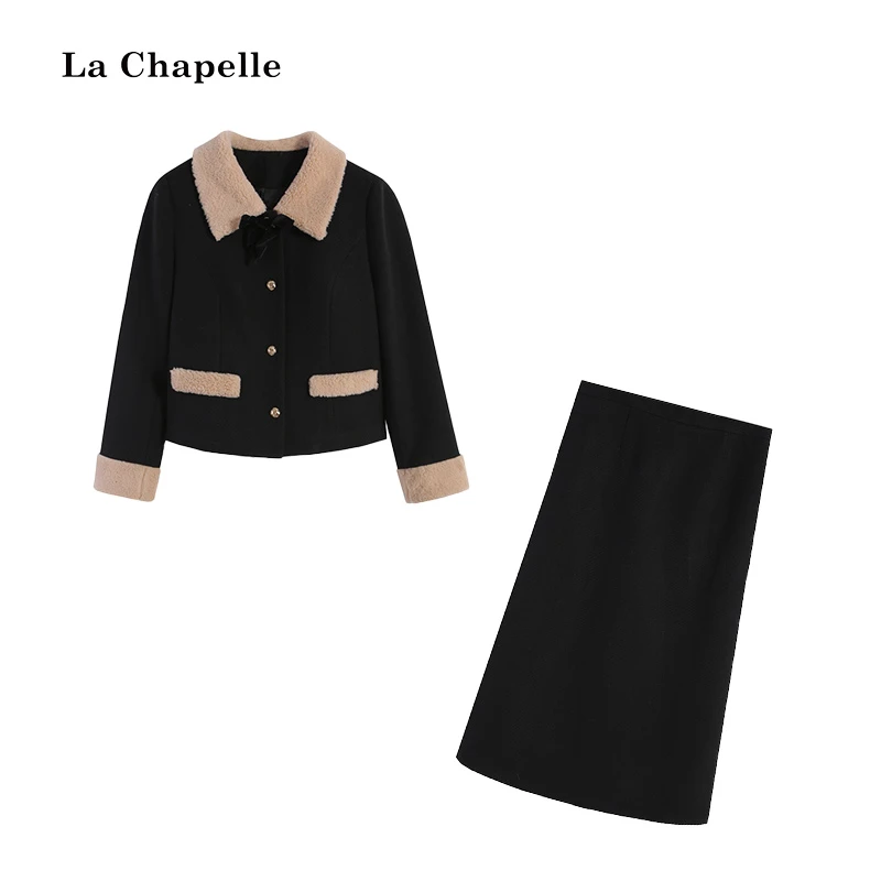 拉夏贝尔Homme/【北欧港湾】黑拼杏色上衣+长半裙两件套LA5ZL114483