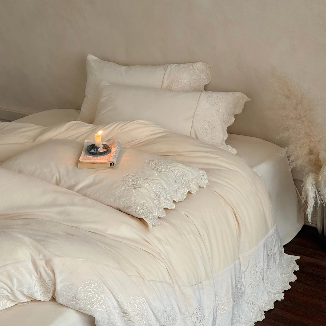 新款秋冬公主风高克重全消光牛奶绒数纯色蕾丝玫瑰婴儿绒四件套