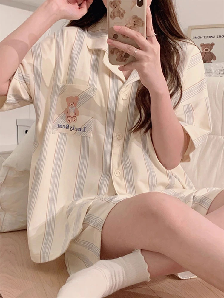 ins简约风幸运小熊睡衣女夏款浅蓝条纹开衫短袖可外穿家居服套装