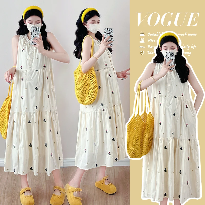 时髦孕妇装新款吊带绣花大码显瘦网红显瘦夏天宽松夏季时尚连衣裙