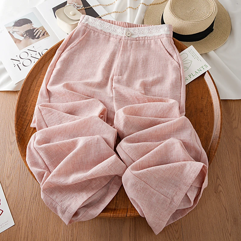 粉色冰丝麻料阔腿裤女夏季薄款2025年新款高腰宽松垂坠感直筒裤子
