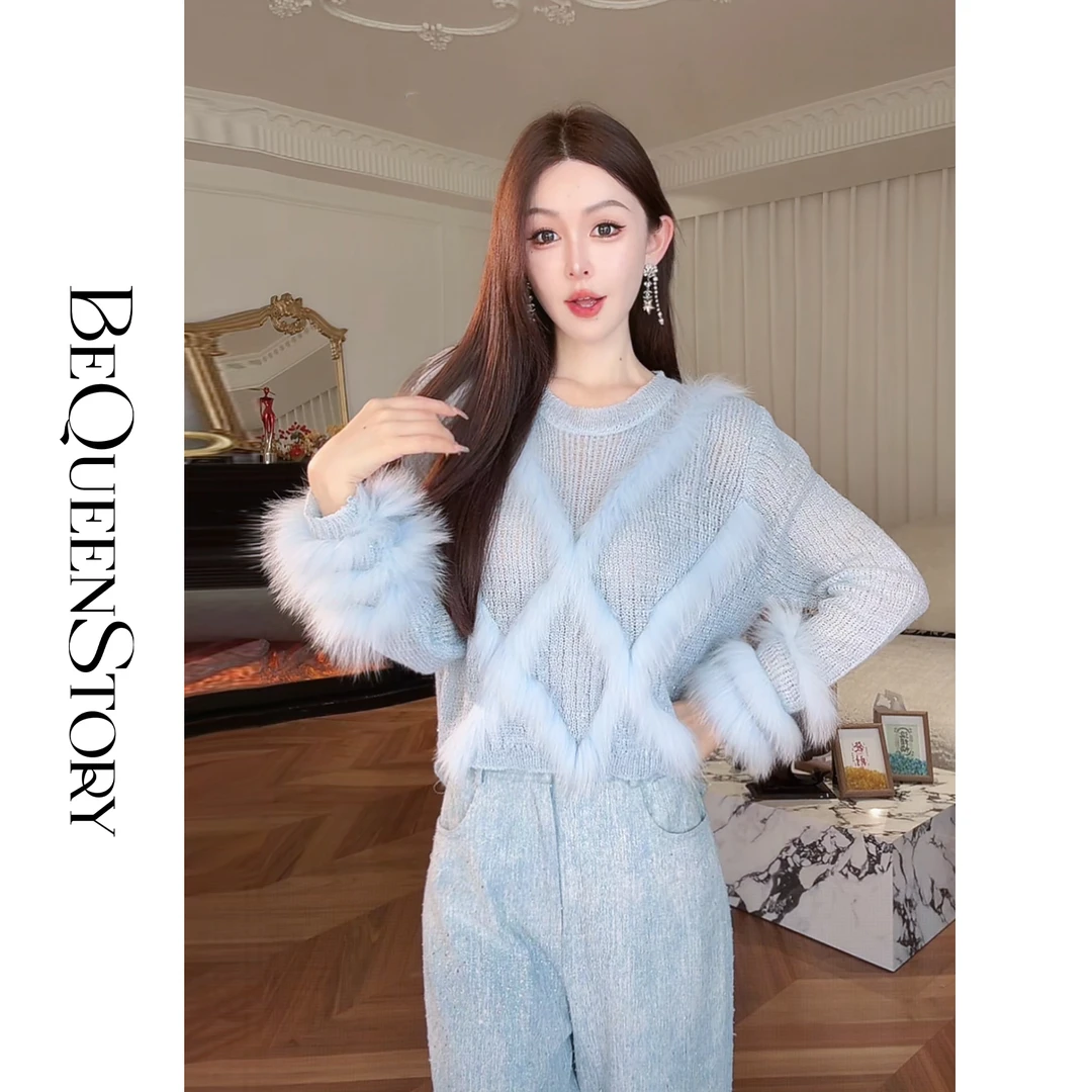 余潇潇【秋日私语】轻奢时尚百搭拼接狐狸毛精致圆领毛衣新款女