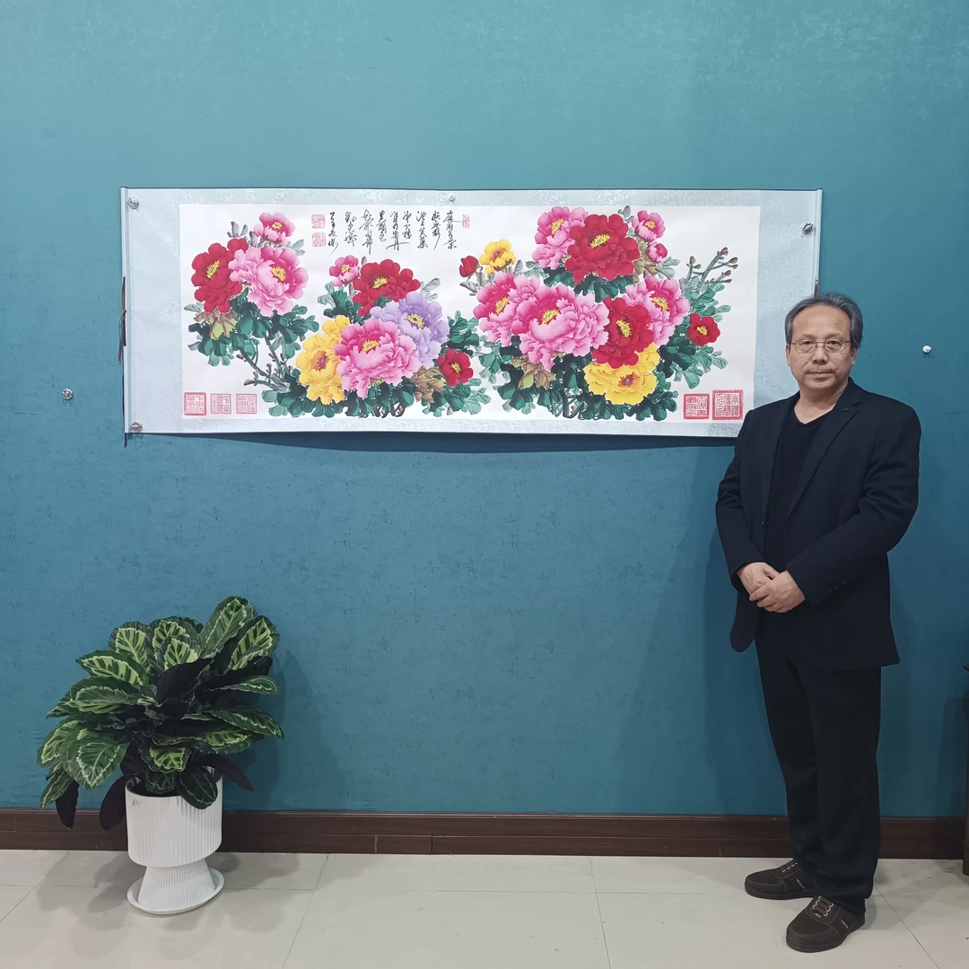 《小六尺牡丹》手绘牡丹70*200厘米卷轴软裱