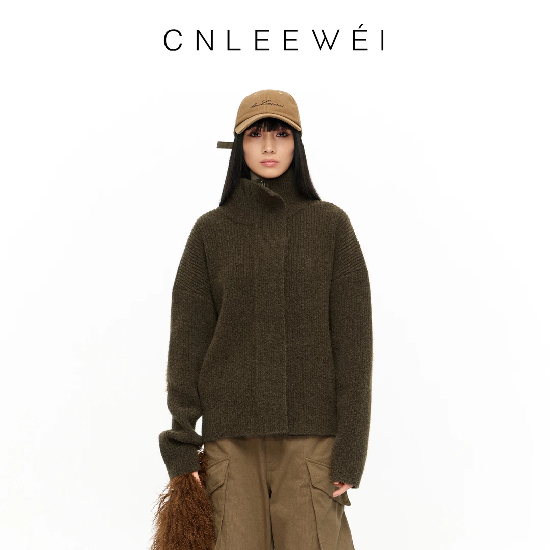 CNLEEWEI2025秋季新款休闲拉链立领毛织开衫外套