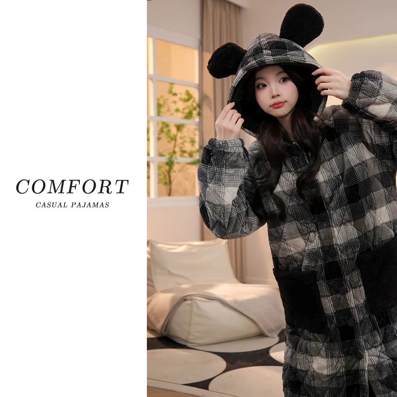 加绒加厚2025冬季三层夹棉睡袍女保暖珊瑚绒连帽睡衣家居服套装