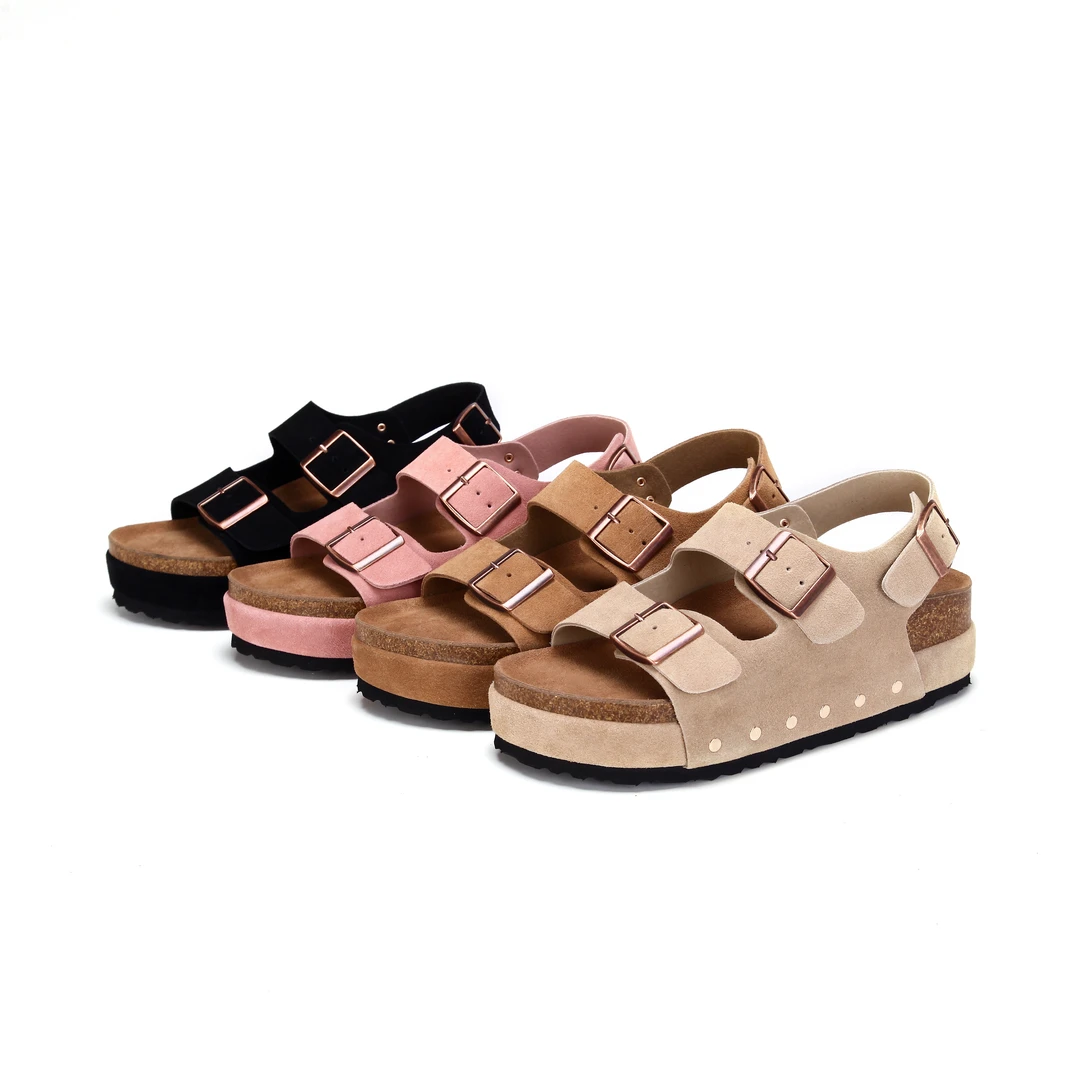 （增高6厘米）头层牛皮勃肯鞋女款软木鞋平跟搭扣时尚雅丹潮流凉鞋