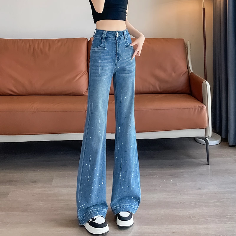 蜜蜜穿搭不吸腿喇叭阔腿裤女2025秋季烫钻设计感满天星牛仔拖地裤