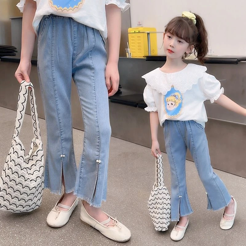 女童夏款牛仔修身新款中大童订珠开叉毛边微喇裤儿童裤子潮901