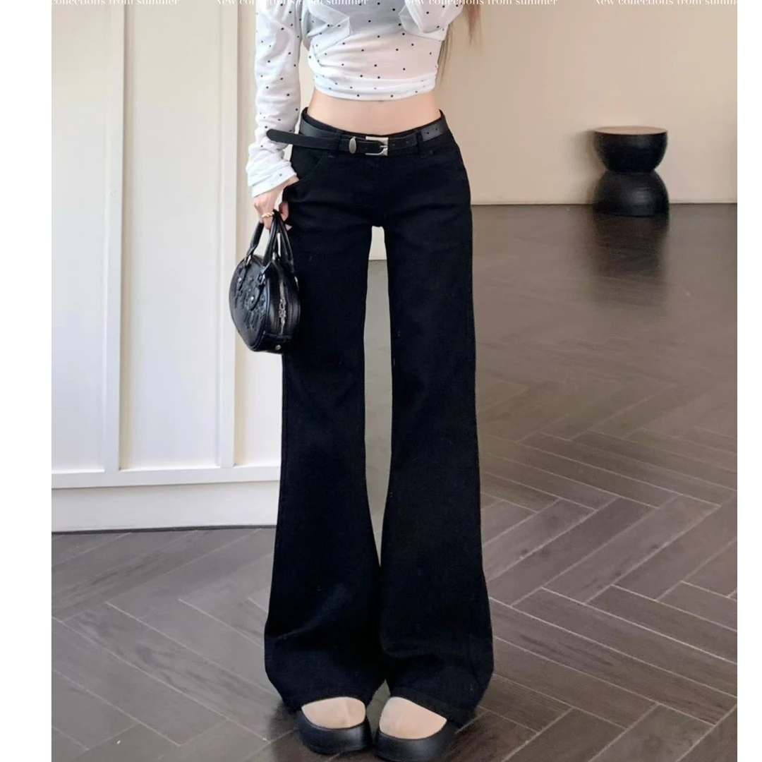 美式复古水洗微喇中低腰牛仔裤女2025春季新款宽松显瘦垂感拖地裤