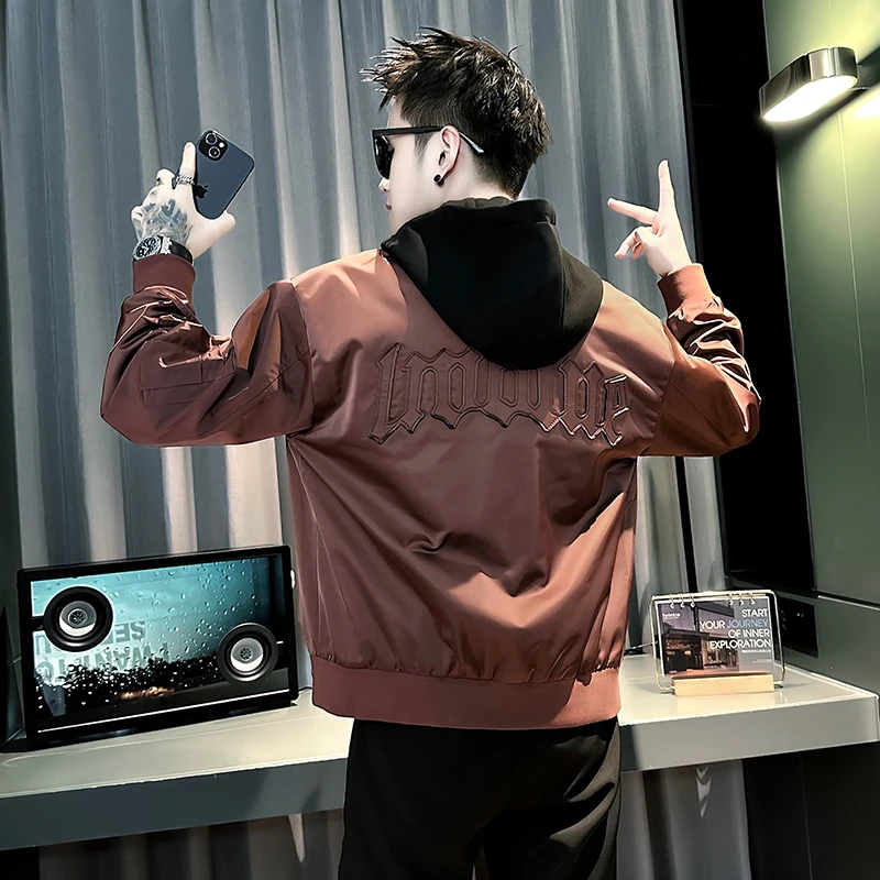 美式连帽夹克男士春秋季工装潮流痞帅重磅字母刺绣短款外套男装潮