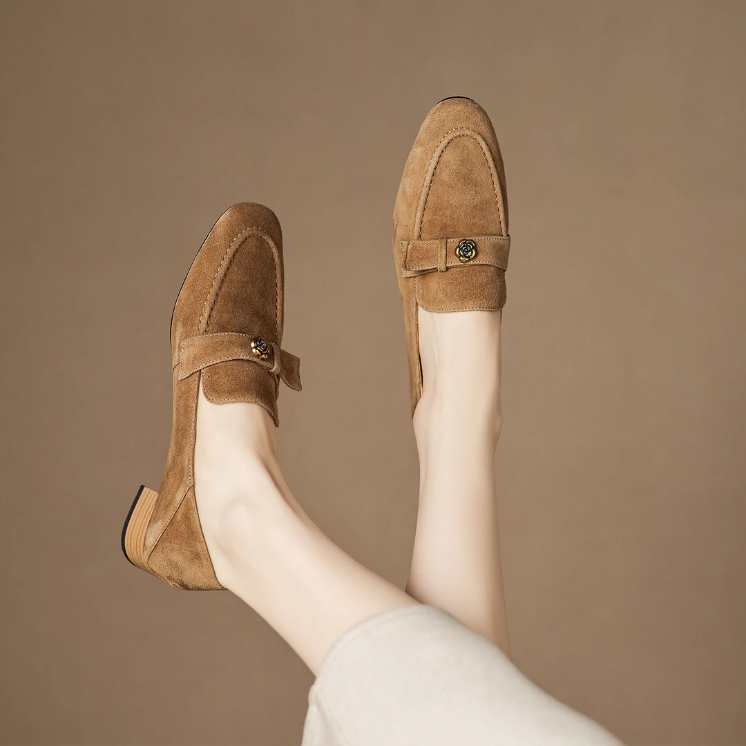 诗宝斐尔磨砂羊皮山茶花粗跟乐福鞋女兔毛加绒中跟单鞋复古小皮鞋