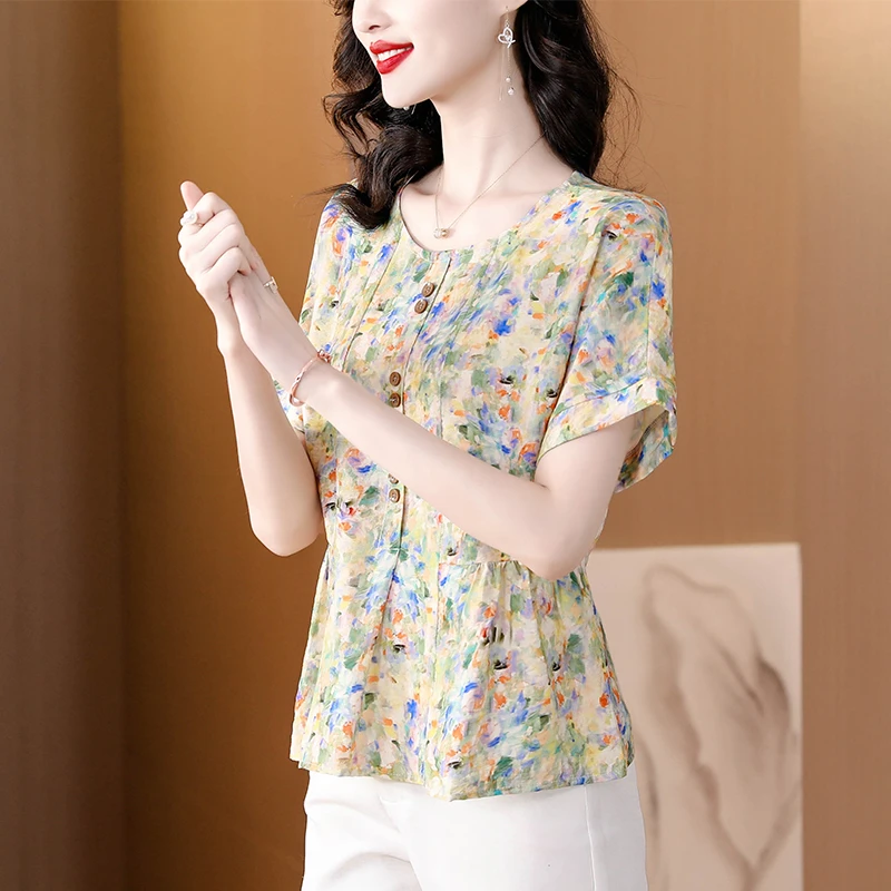 大码半袖衬衫女短袖新款减龄娃娃小衫收腰遮肚子显瘦妈妈
