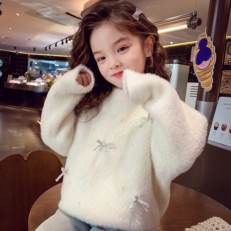 女童毛衣2025冬季新款女大童加厚安哥拉红色仿水貂绒不起球针织衫