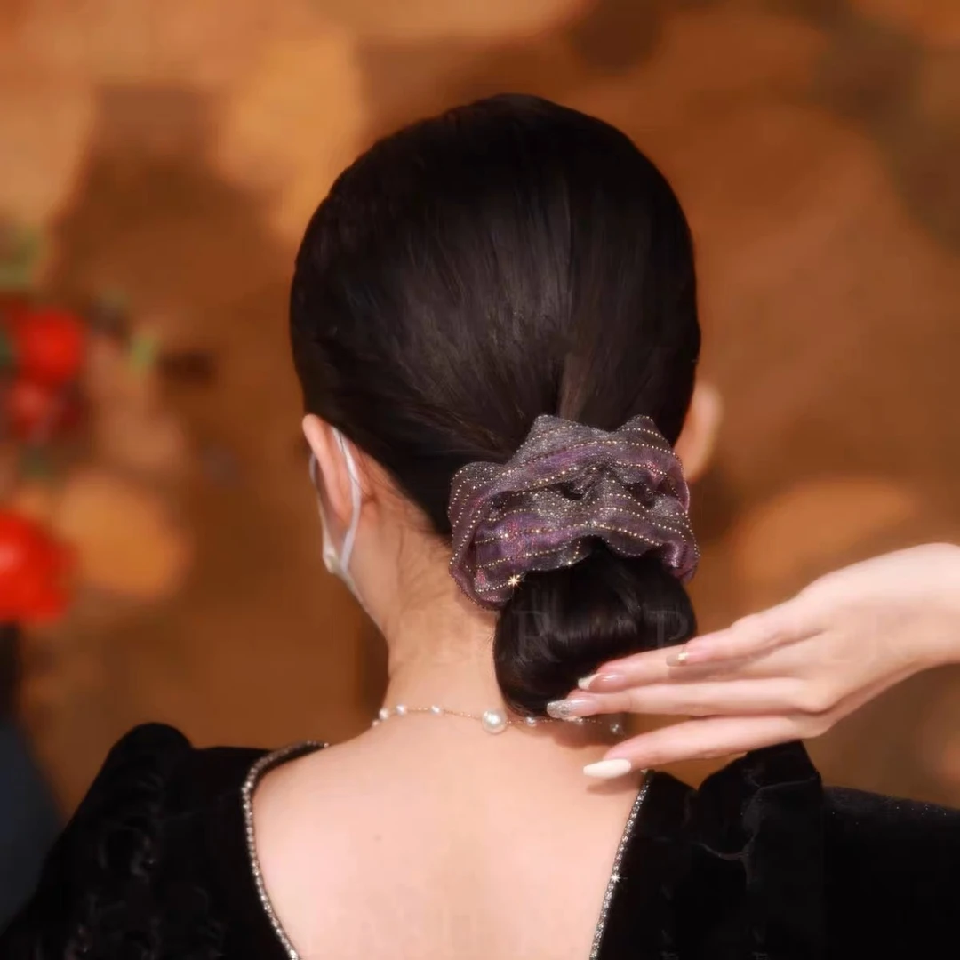 高弹力珠光网纱扎发大肠发圈气质轻奢时尚百搭简约紫色韩版优雅