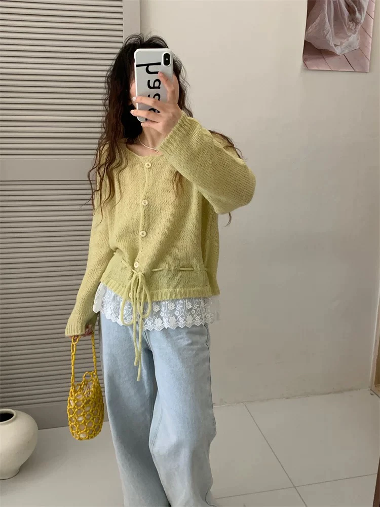 韩系甜美减龄蕾丝拼接收腰系带针织开衫女春季宽松毛衣