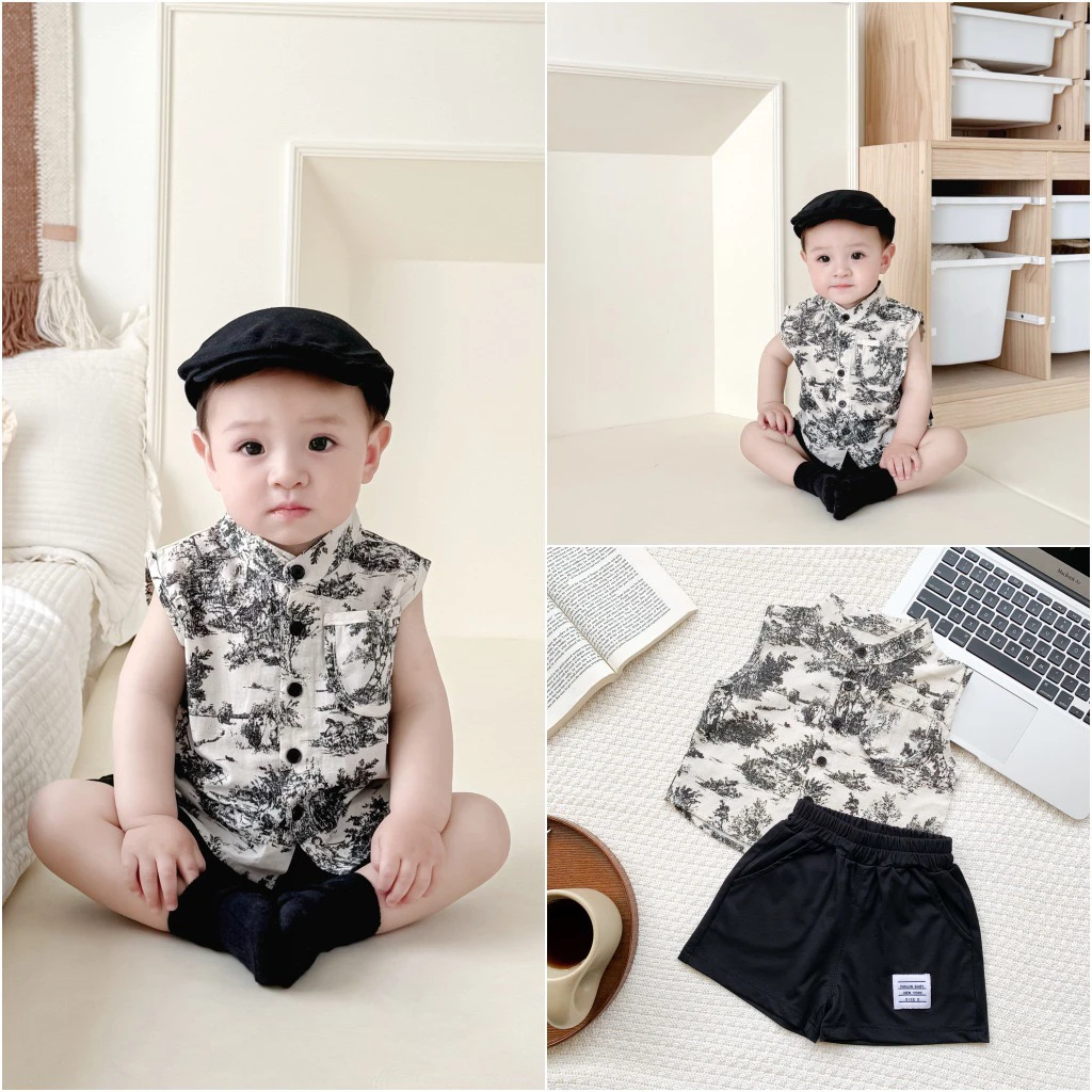 ins婴幼儿宝宝无袖衬衫夏季男宝宝立领衬衫国风棉布上衣水墨画潮