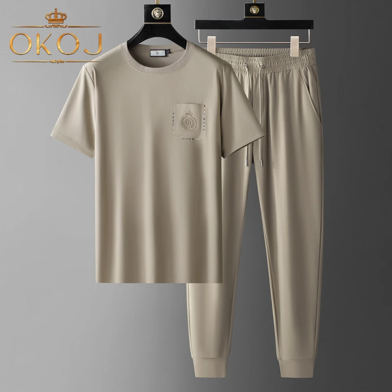 OKOJ短袖运动套装男高端时尚透气弹力夏季薄款莫代尔休闲两件套