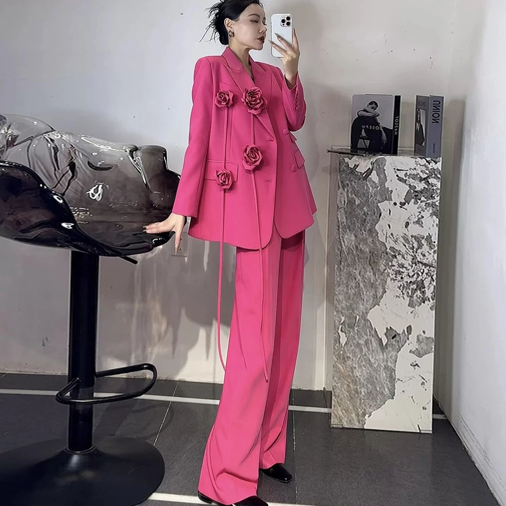 欧货2025春秋新款高级感时尚立体花朵西装套装女阔腿裤炸街两件套