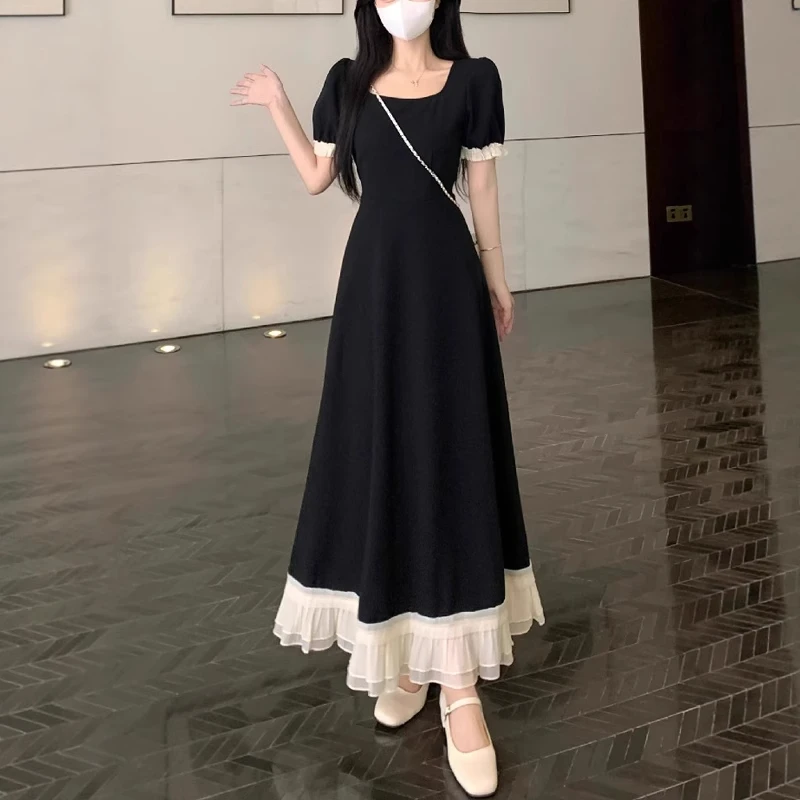 大码女装夏季法式高级感拼接连衣裙胖mm遮肉显瘦赫本风气质小黑裙