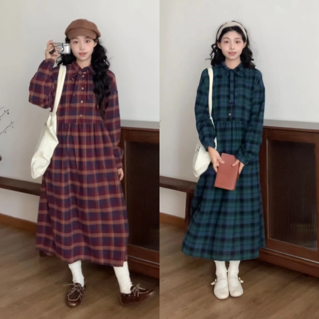 2136 “伊甸园”复古磨毛系带格纹衬衫连衣裙