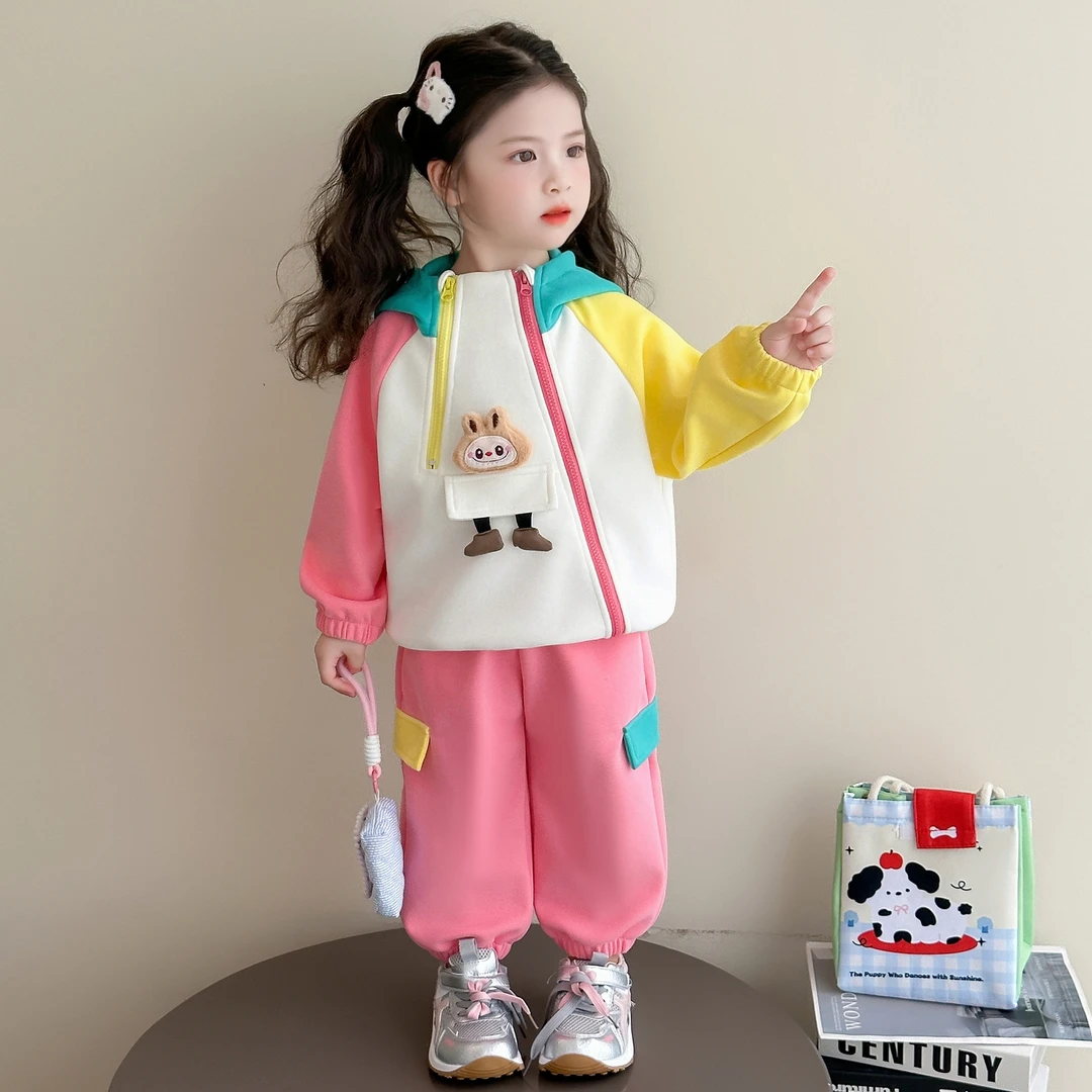 女童卡通拼色运动套装秋季2025新款儿童洋气时髦卫衣裤子两件套秋