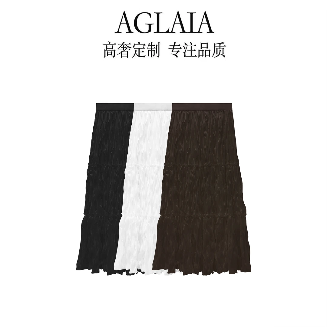 AGLAIA-法式设计感高腰弹力松紧腰泡泡压褶显瘦百搭半身裙8137