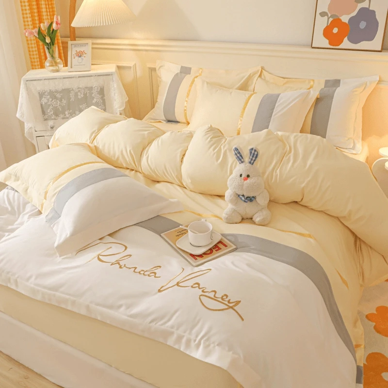 富安娜A类美拉德轻奢纯棉四件套小清新磨毛床单被套亲肤公主风.