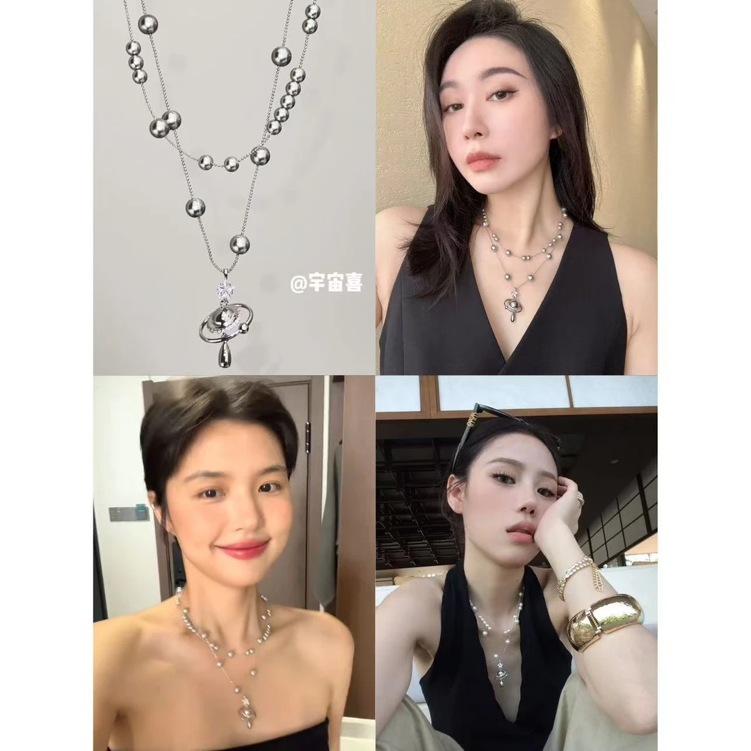 铜合金仿珍珠项链 G2-060【双层灰贝珠坠水滴白锆五角星球orb项链】