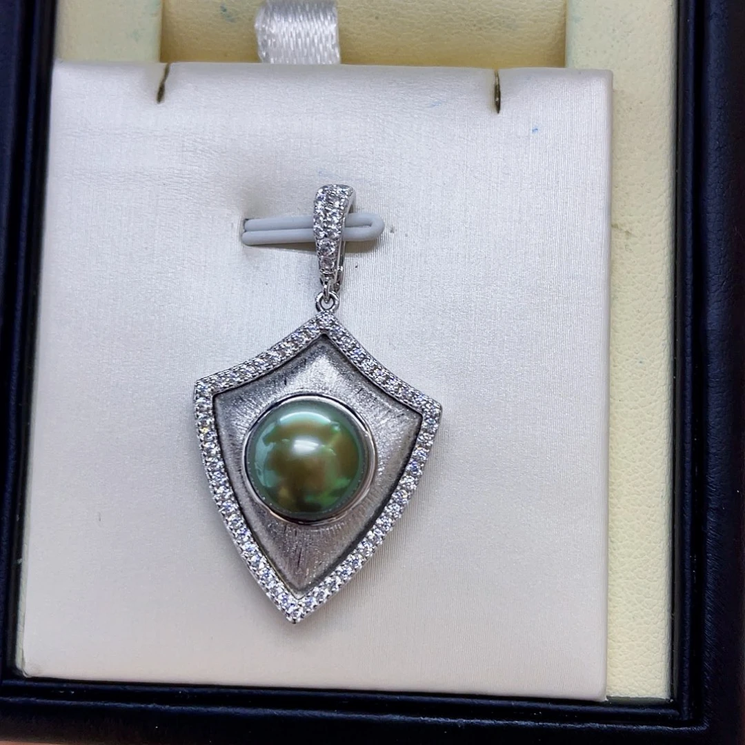 银S925镶嵌吊坠(不含链)海水珍珠大溪地炫绿色吊坠10mm