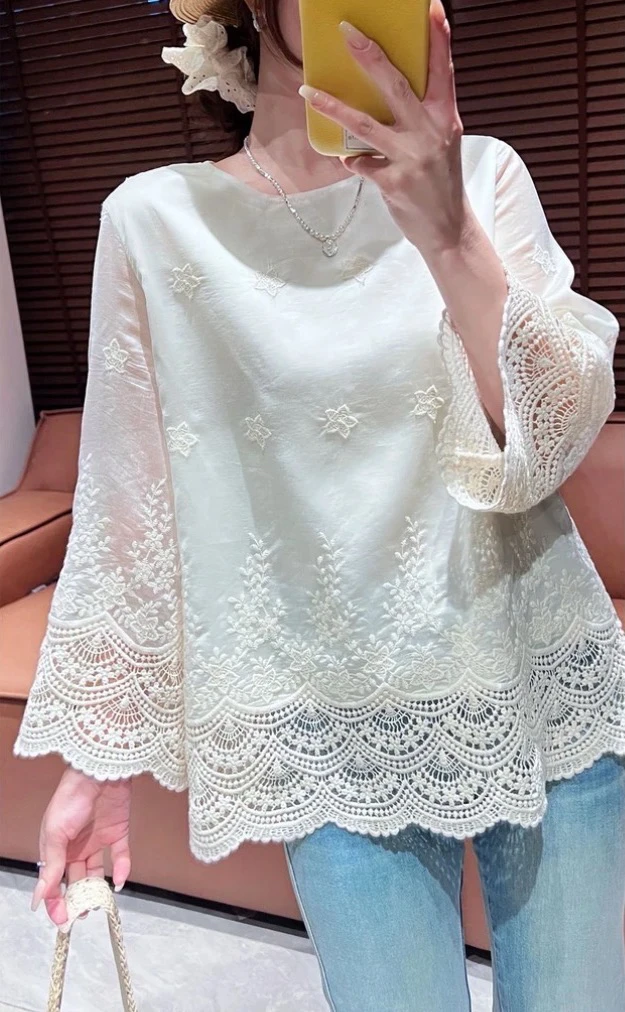 【蜜爷家】新中式重工镂空法式拼接衬衫2459#